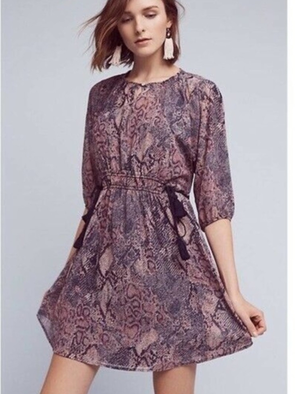 Anthropologie Floreat Zahara Purple Snakeskin Sheer Dress 3/4 Sleeve Boho